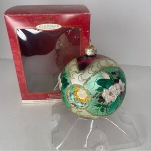 Vintage 2000 Hallmark Christmas Rose Tree Ornament 3rd Blown Glass Box Teal Pink